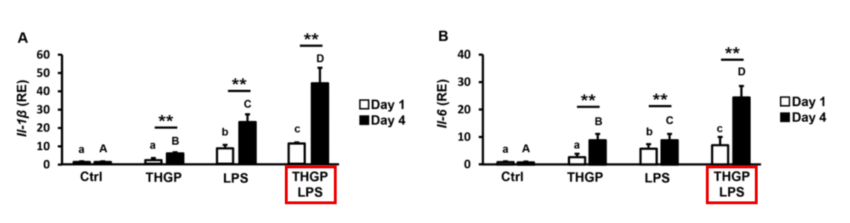 図3-A. IL-1βの遺伝子の発現量, 図3-B. IL-6の遺伝子の発現量
